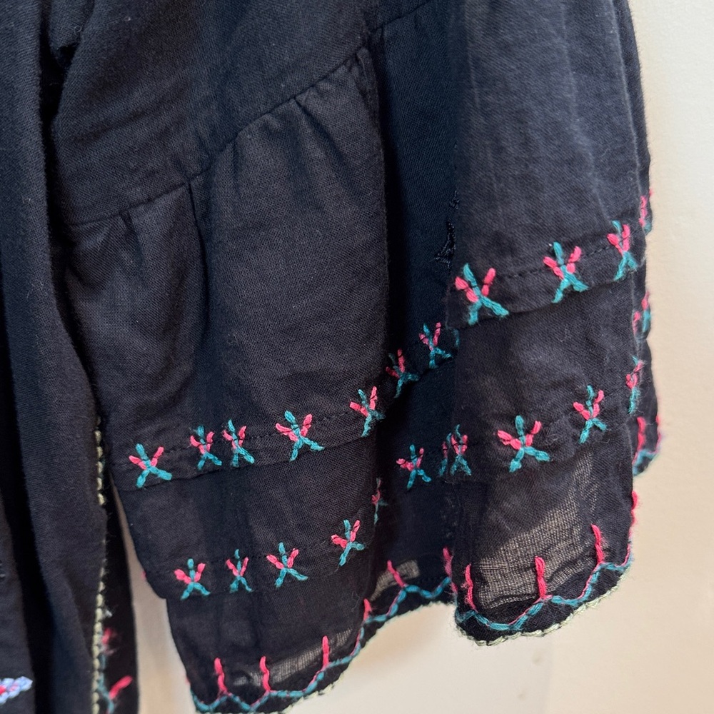 Johnny Was Tie Front Black Top with Colorful Embroidery and Beaded Tassles SZ - Picture 7 of 8